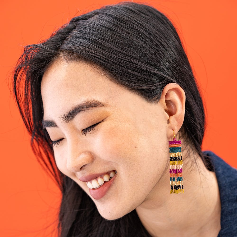 Billie Mixed Horizontal Stripes Beaded Fringe Earrings - Jewel Tone - Ink + Alloy