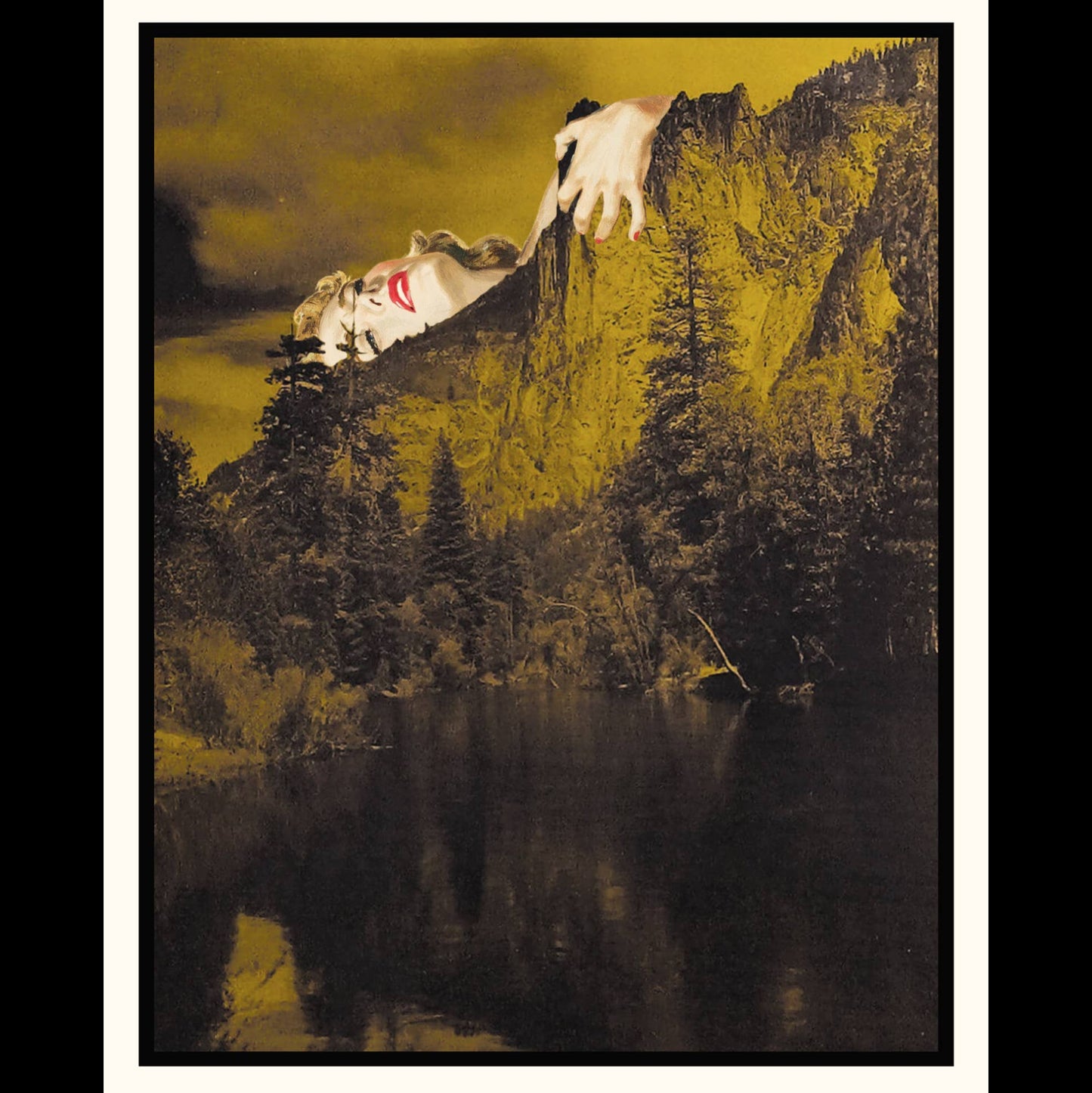 A vintage inspired artwork featuring a figure with a mountain in the background, and a forest in the foreground.