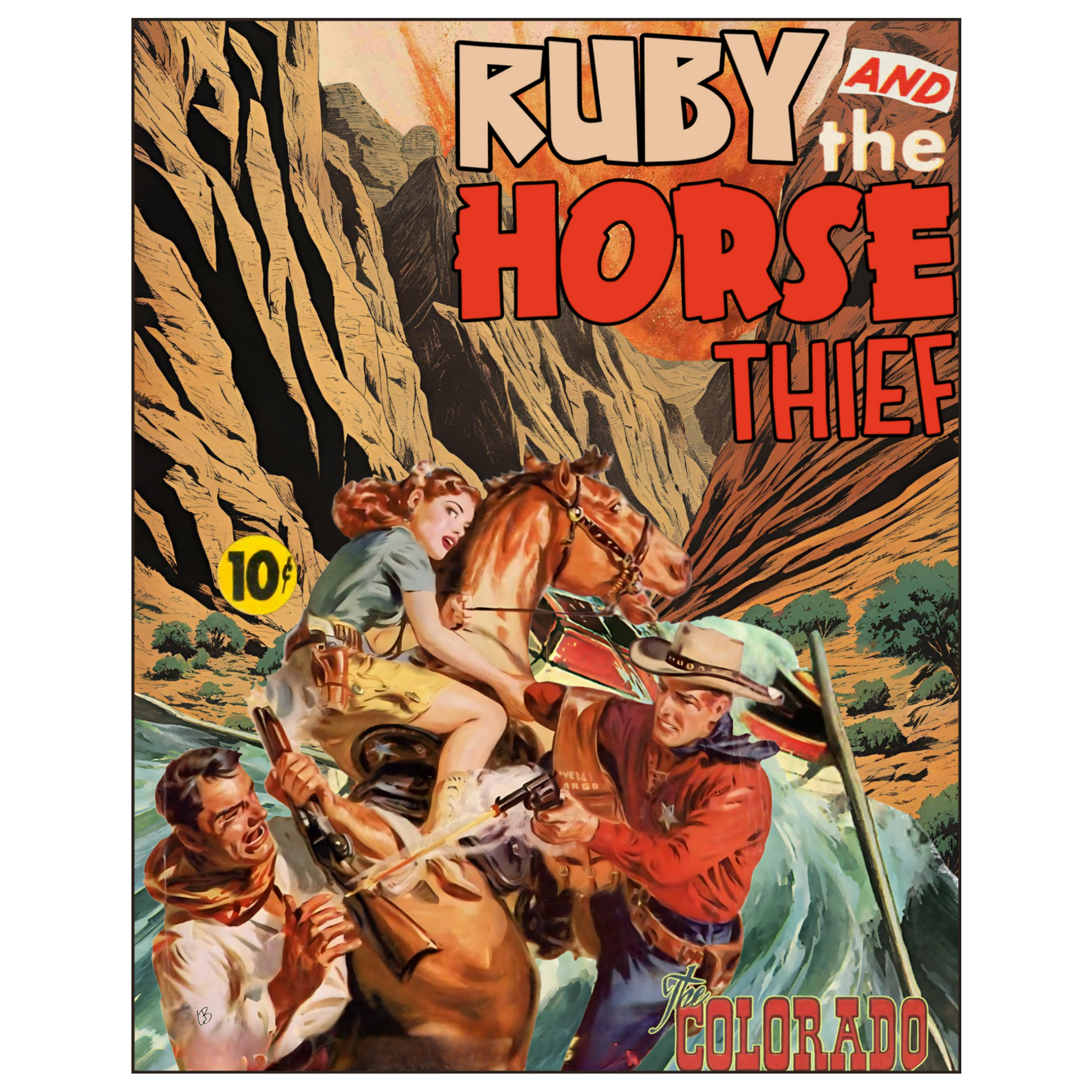 A colorful artwork depicting a scene with cowboys on a raft, with one cowboy trying to steal a horse from the others, set against the backdrop of a river and canyon walls.