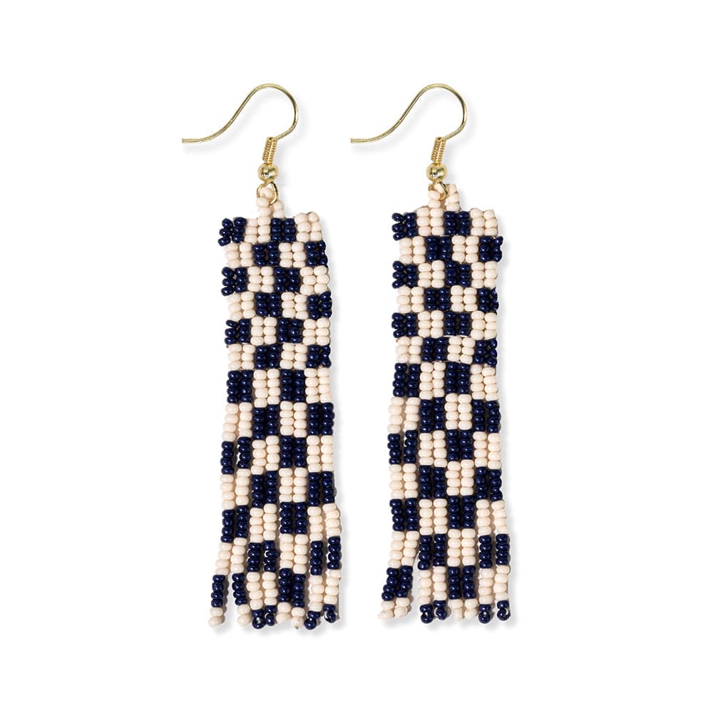 Harriet Woven Top Gingham Beaded Fringe Earrings - Navy - Ink + Alloy