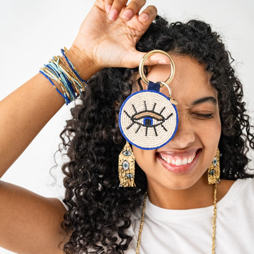 Kelsey Evil Eye Seed Bead Bag Charm Key Ring - Ink + Alloy