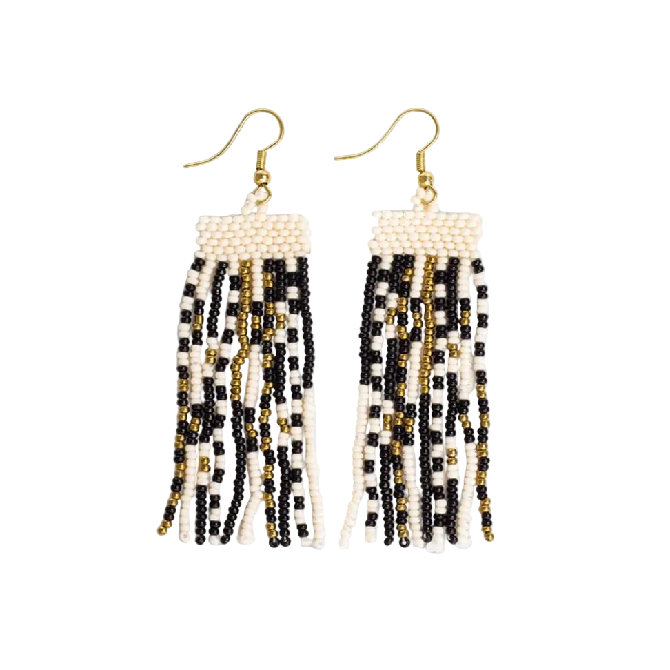 Adaline Mixed Patterns Beaded Fringe Earrings-Black/Cream - Ink + Alloy