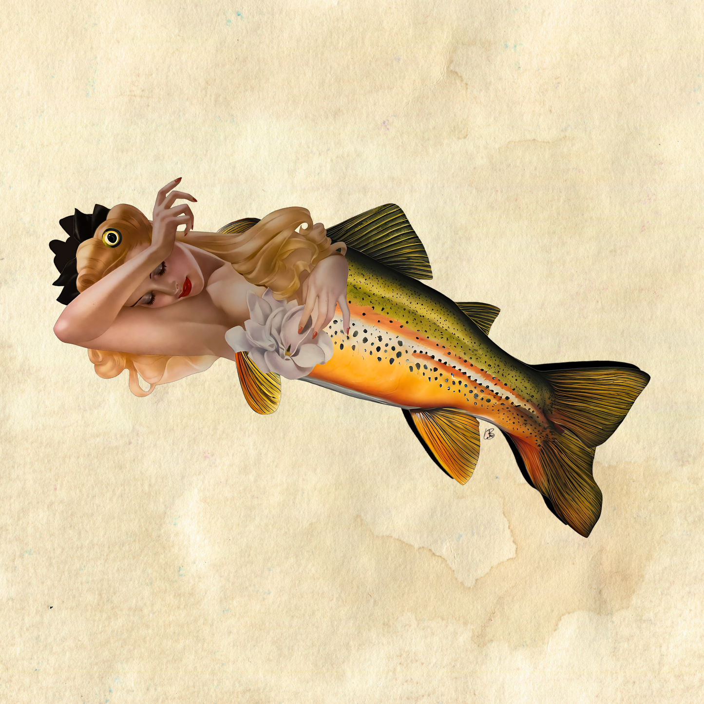 A digital collage art featuring a vintage WWII pinup girl fused with the shimmering form of a California golden trout, set against a beige background.