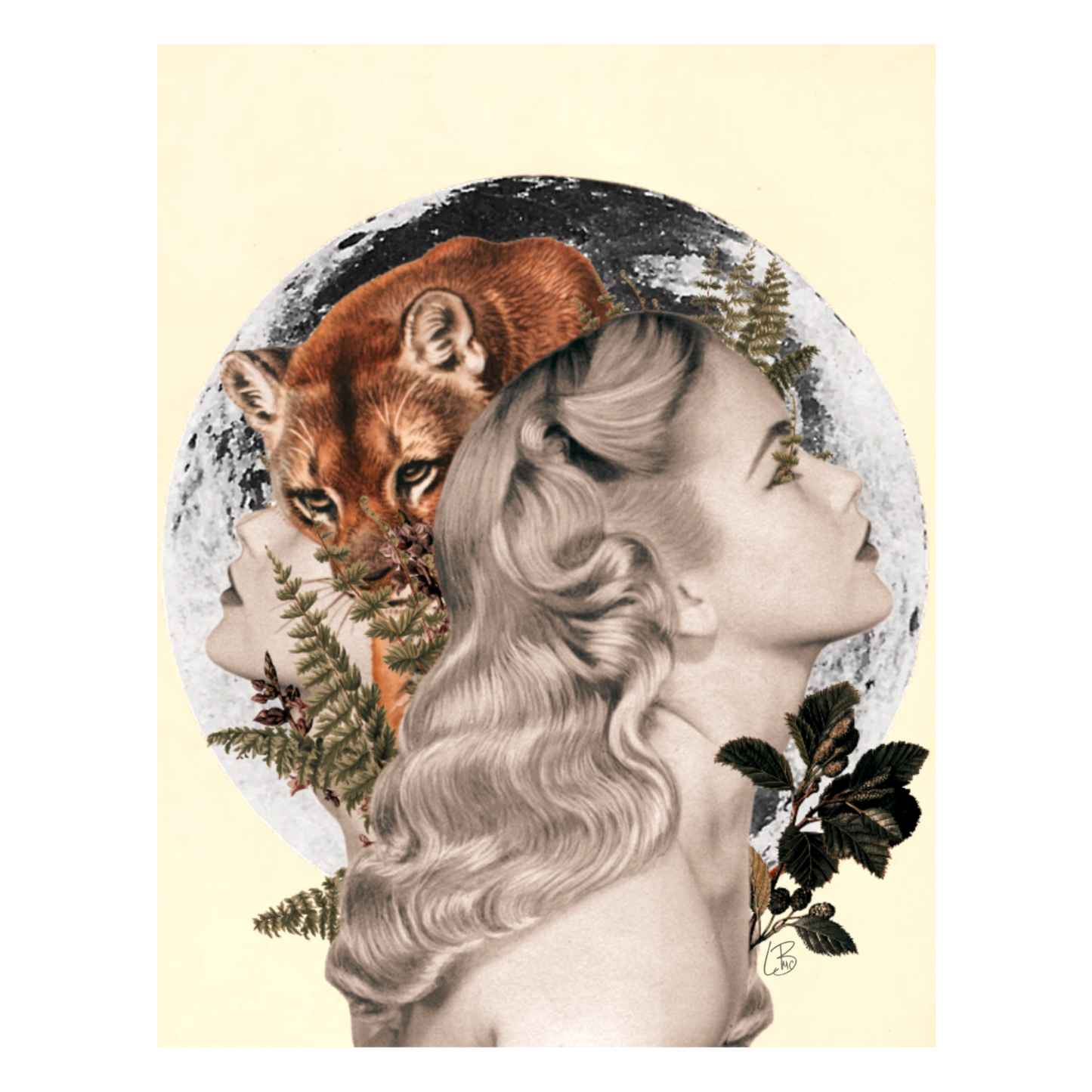 A vintage inspired art print featuring a stylized illustration of a human face with a wolf's head replacing the nose, set against a background with moon and foliage motifs.