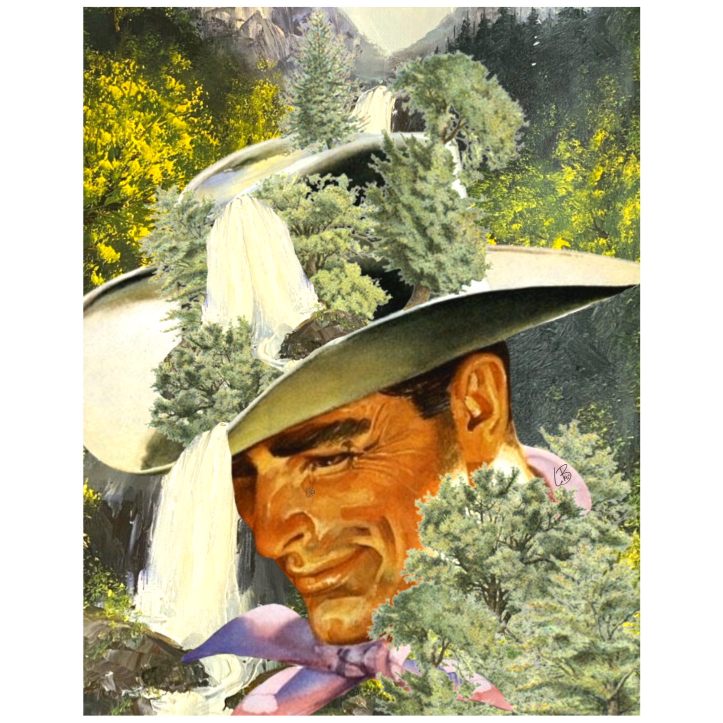A vintage inspired collage wall art featuring a surreal image of a cowboy with a hat, superimposed on a natural landscape with trees and mountains.