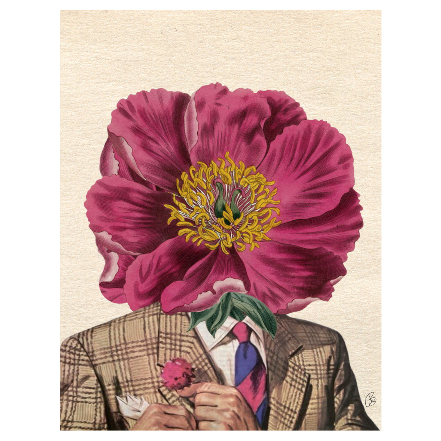 A vintage inspired collage print featuring a man with a large flower instead of his head, wearing a suit and holding a small flower.