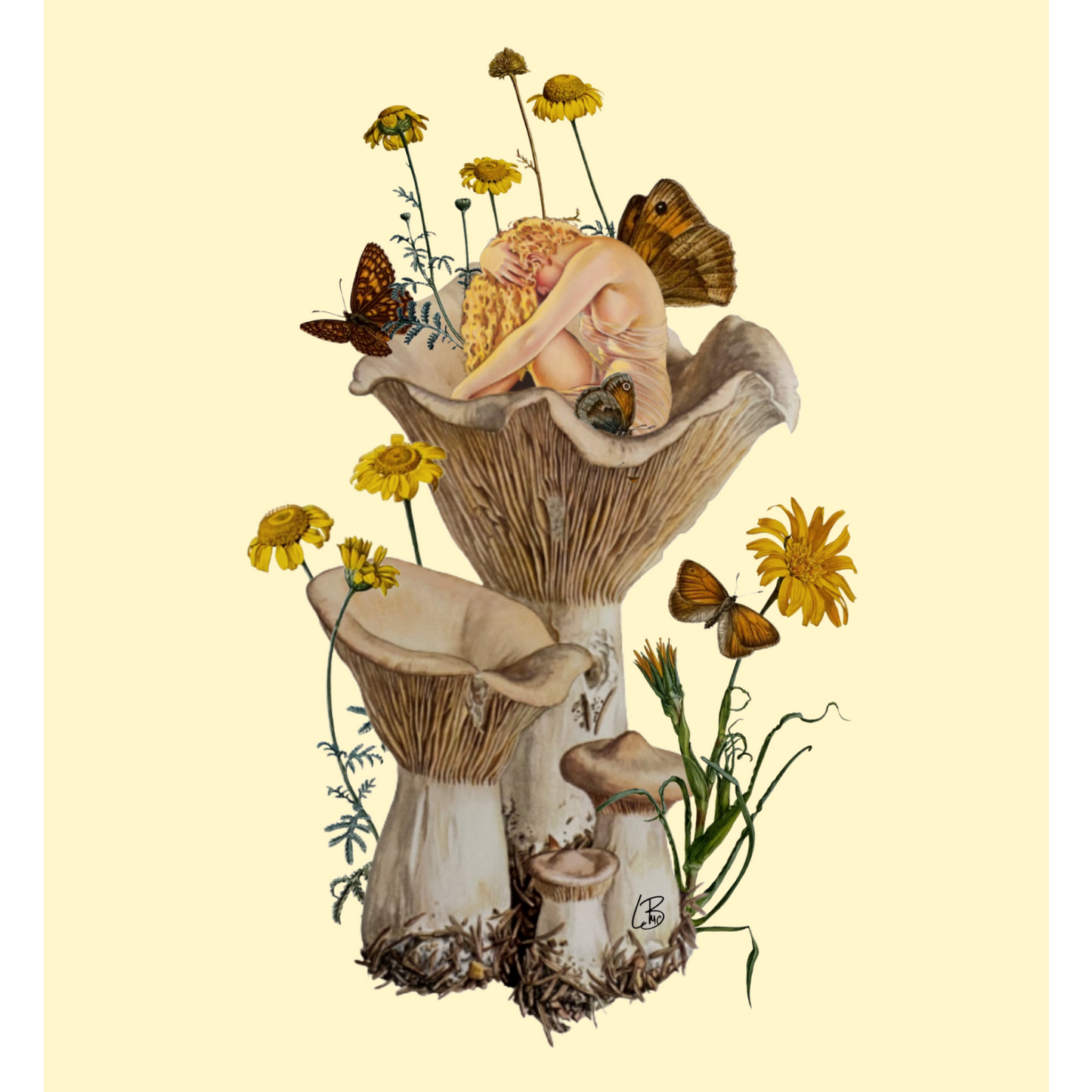 A vintage inspired collage print featuring mushrooms, flowers, and butterflies with a whimsical element.