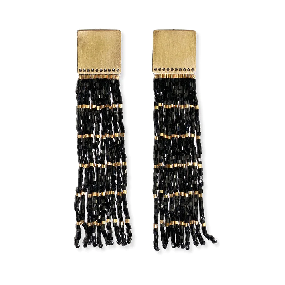 Harlow Brass Top Solid w/Gold Stripe Beaded Fringe Earrings - Ink + Alloy