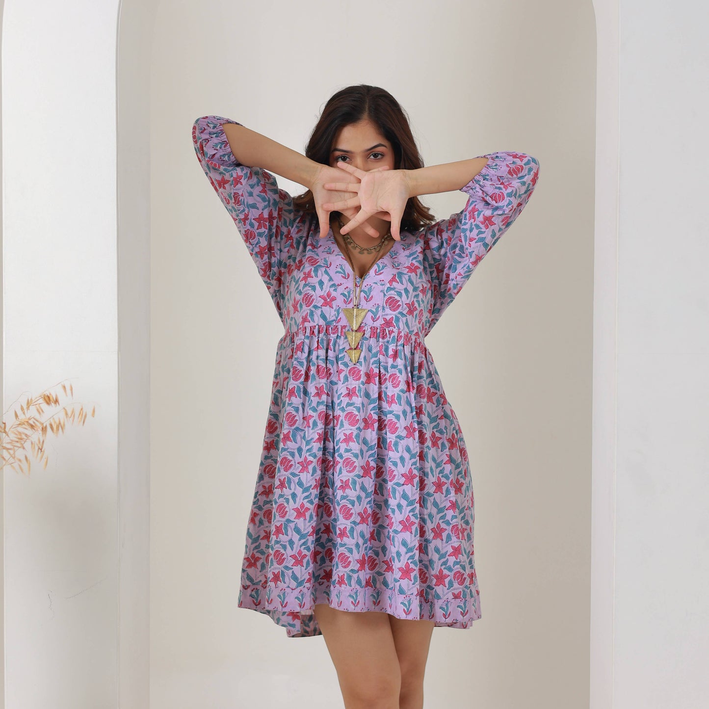 Block Printed Cotton Dress with Tie (Banhi)