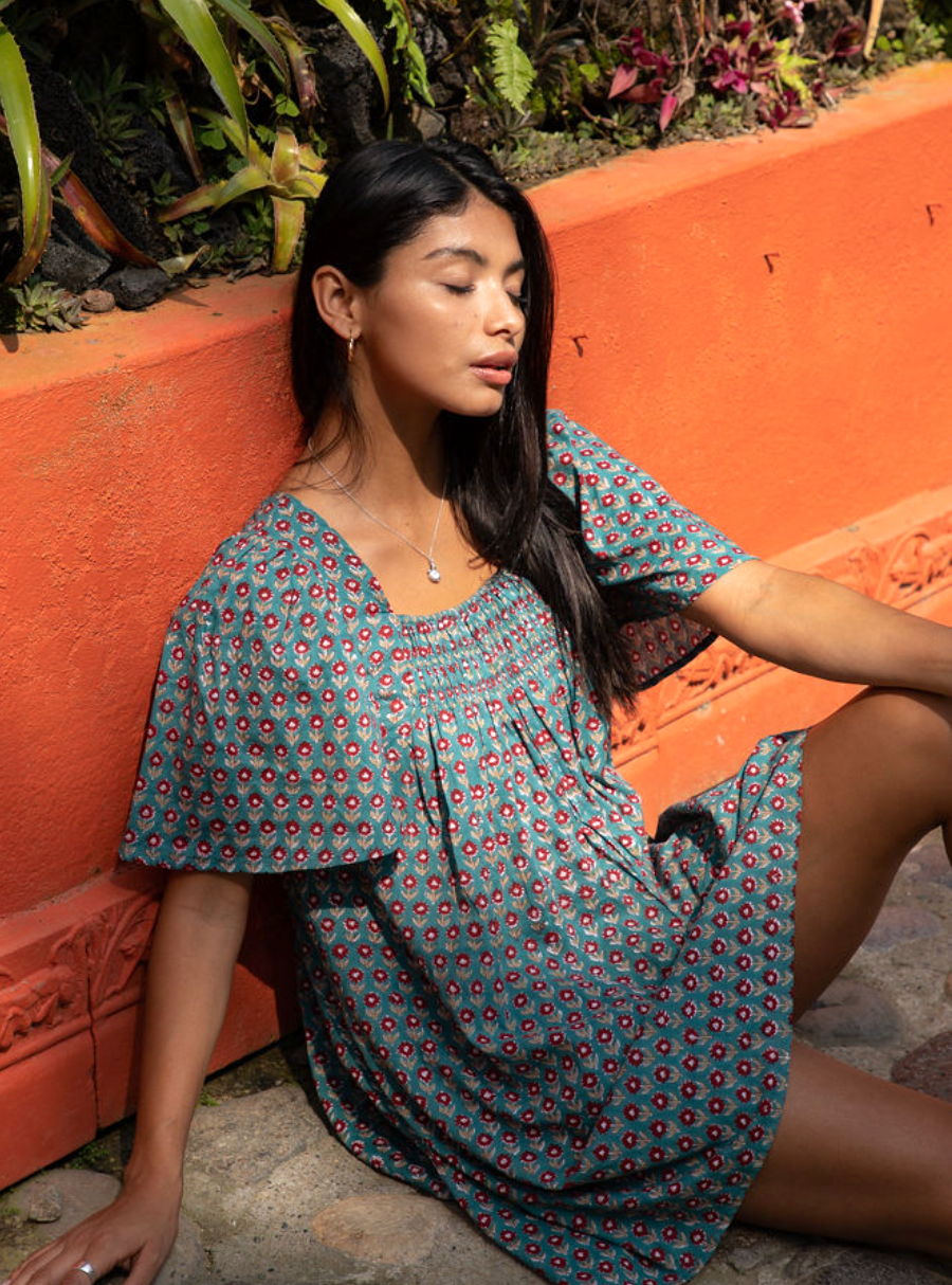 Block Printed Mini Dress (Sanvi dress) - Neptune