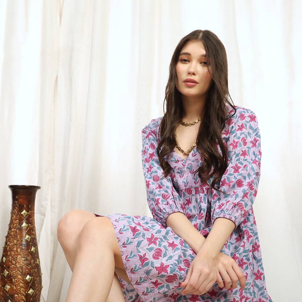 Block Printed Cotton Dress with Tie (Banhi)