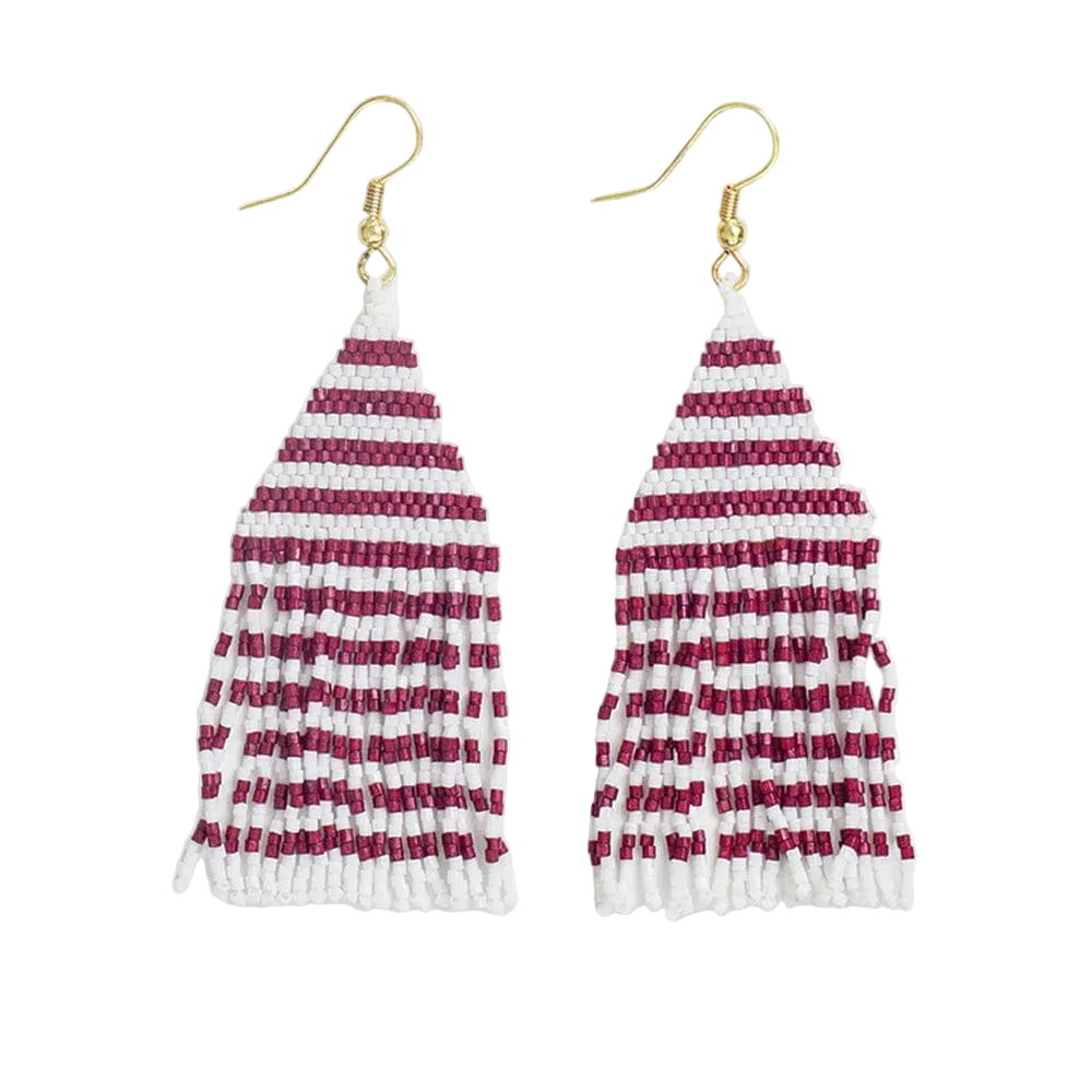 Lexie Game Day Horizontal Stripes Beaded Fringe Earrings Dark Red & White - Ink + Alloy