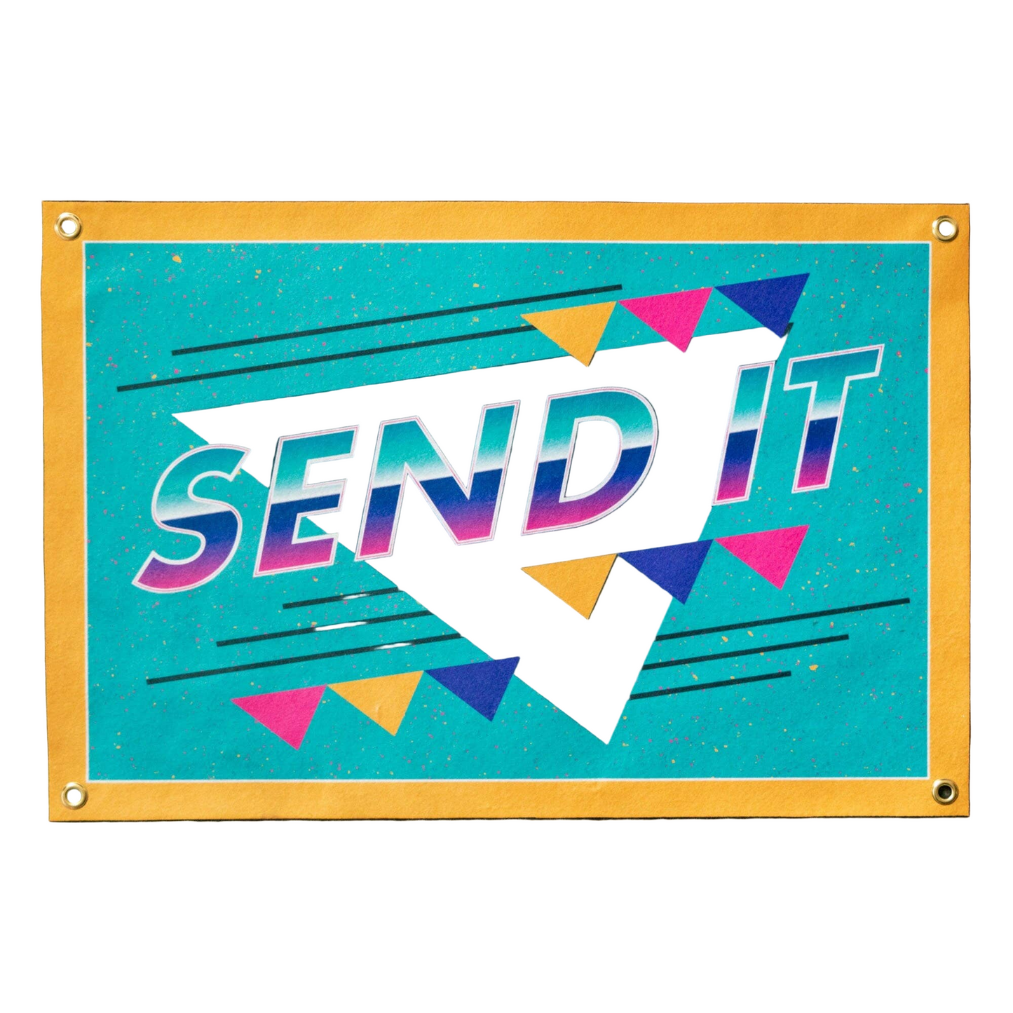 Colorful sign with 'SEND IT' text on a blue background