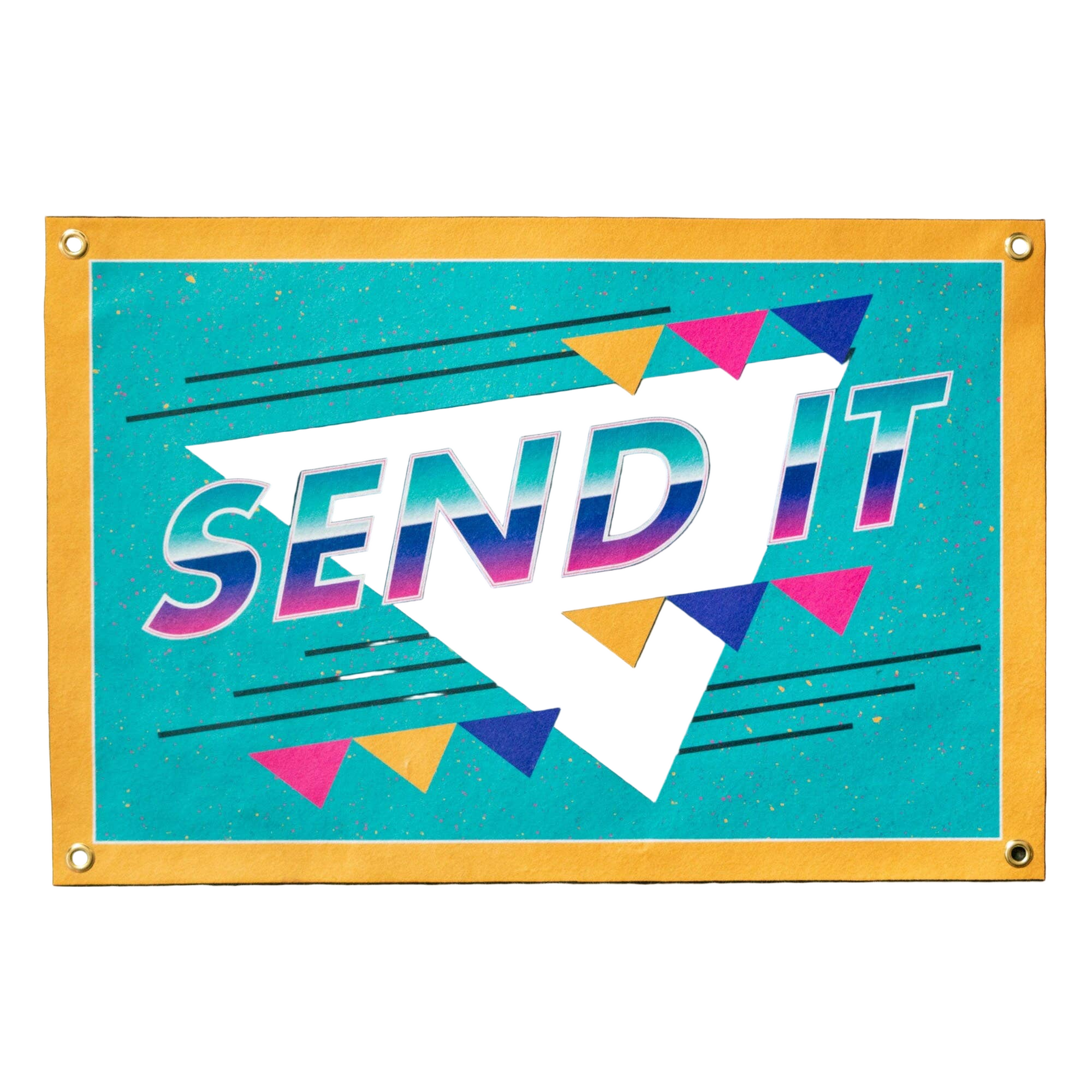 Colorful sign with 'SEND IT' text on a blue background