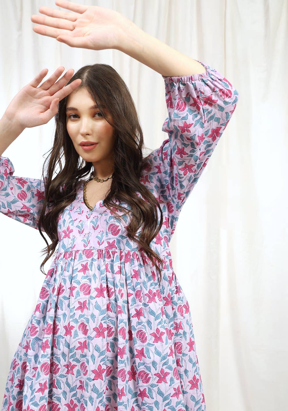 Block Printed Cotton Dress with Tie (Banhi)