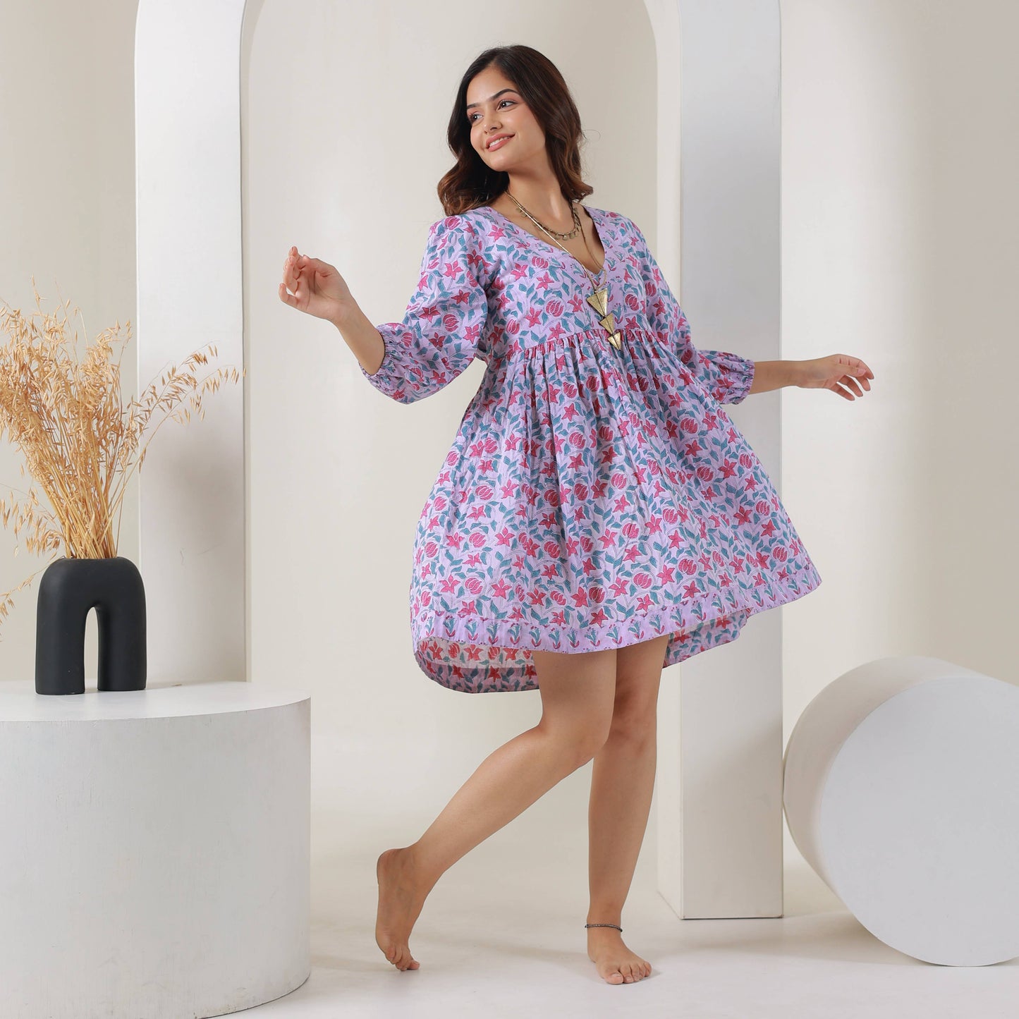 Block Printed Cotton Dress with Tie (Banhi)