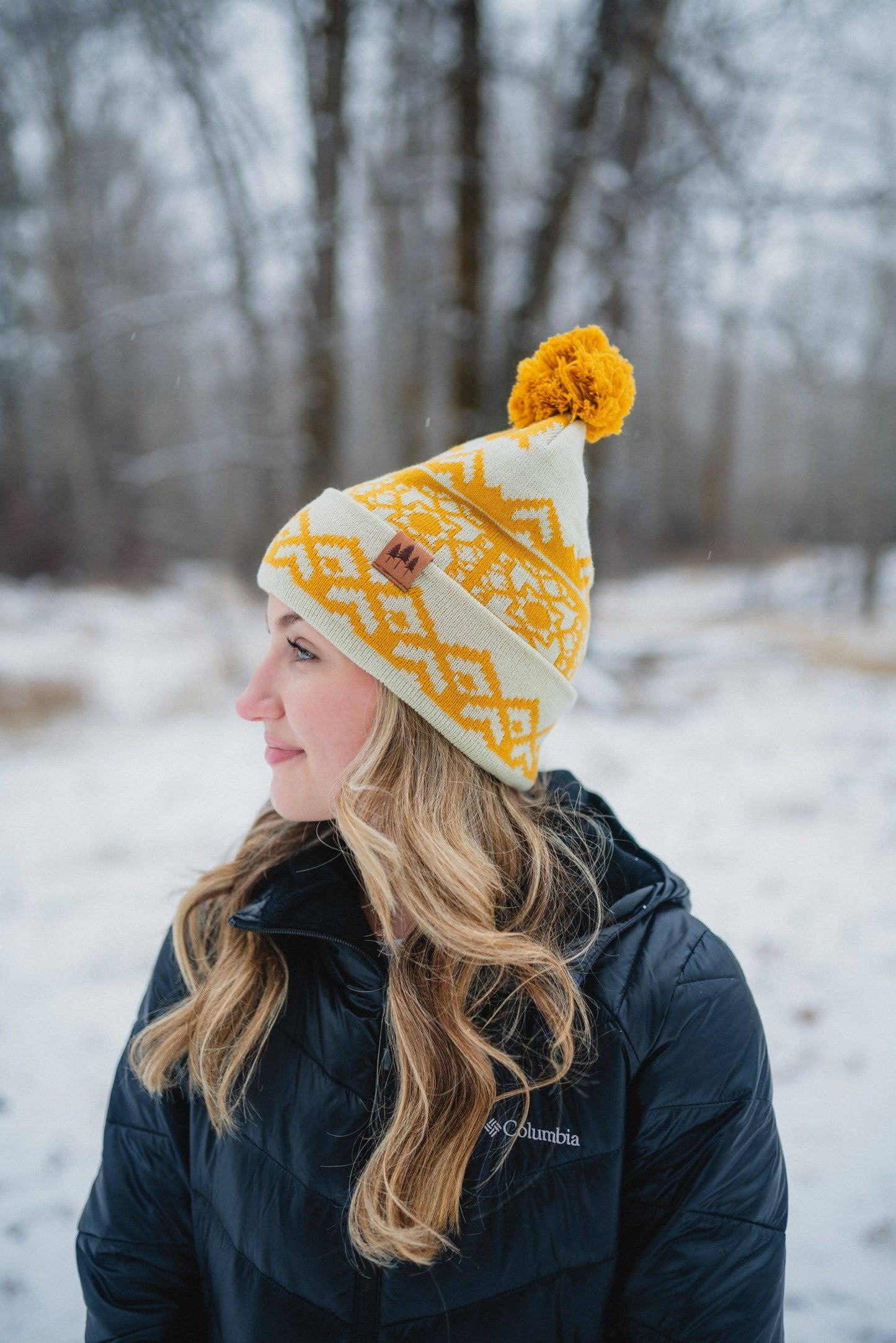 Snowflake Pattern Pom Beanie - Mustard