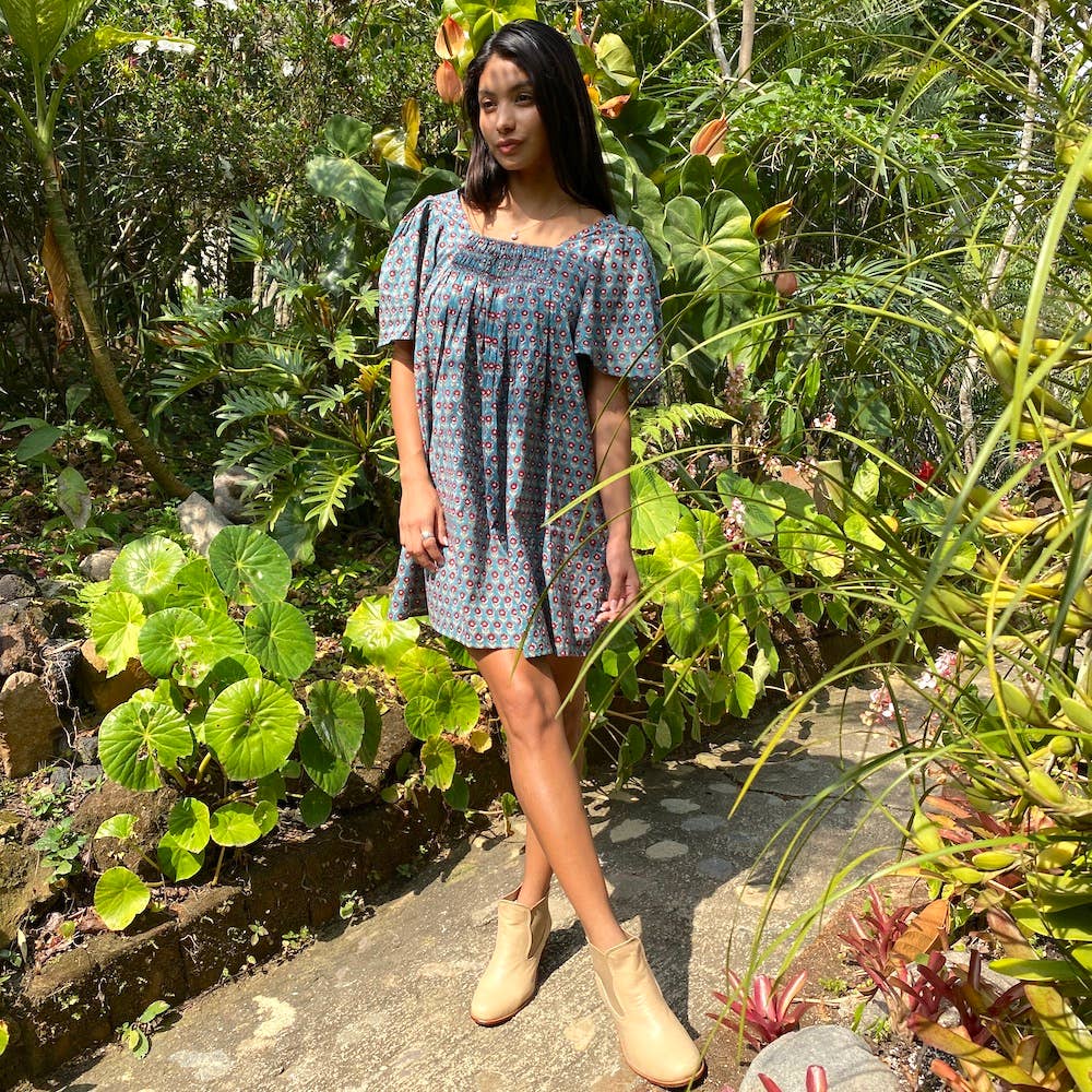 Block Printed Mini Dress (Sanvi dress) - Neptune
