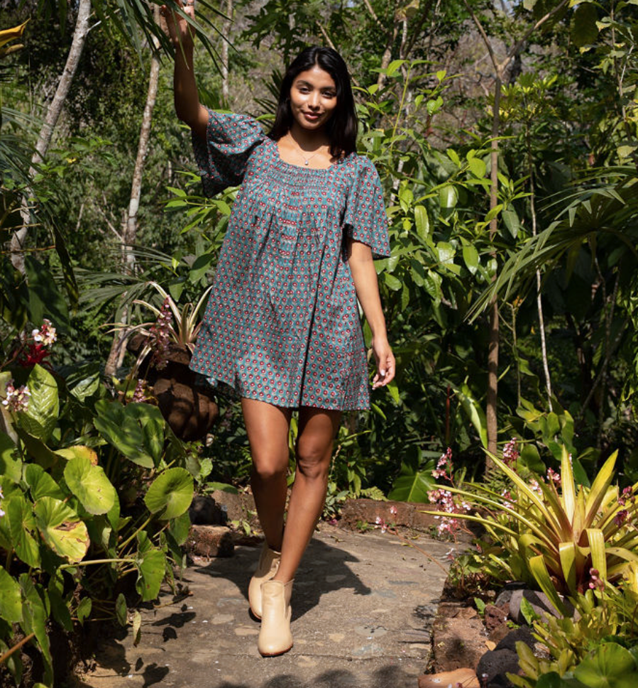 Block Printed Mini Dress (Sanvi dress) - Neptune