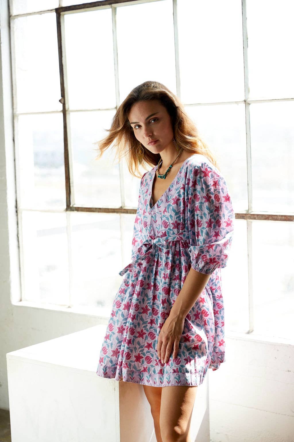 Block Printed Cotton Dress with Tie (Banhi)