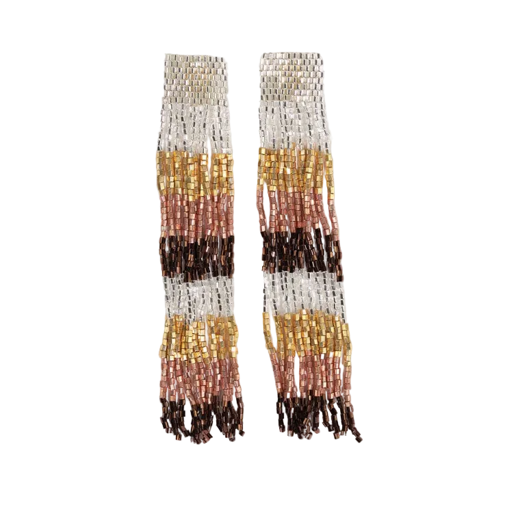 Ila Uniform Stripes Mixed Luxe Beads Fringe Earrings - Mixed Metallic - Ink + Alloy