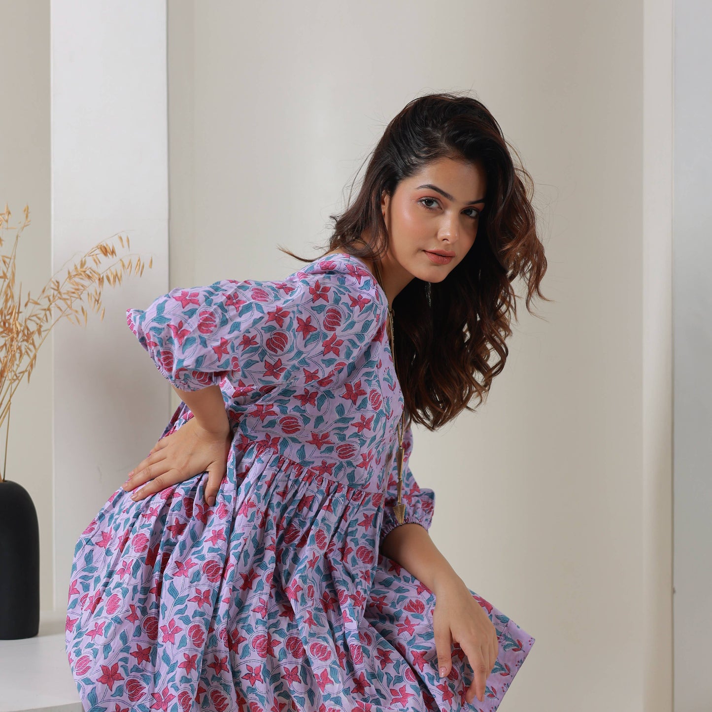 Block Printed Cotton Dress with Tie (Banhi)