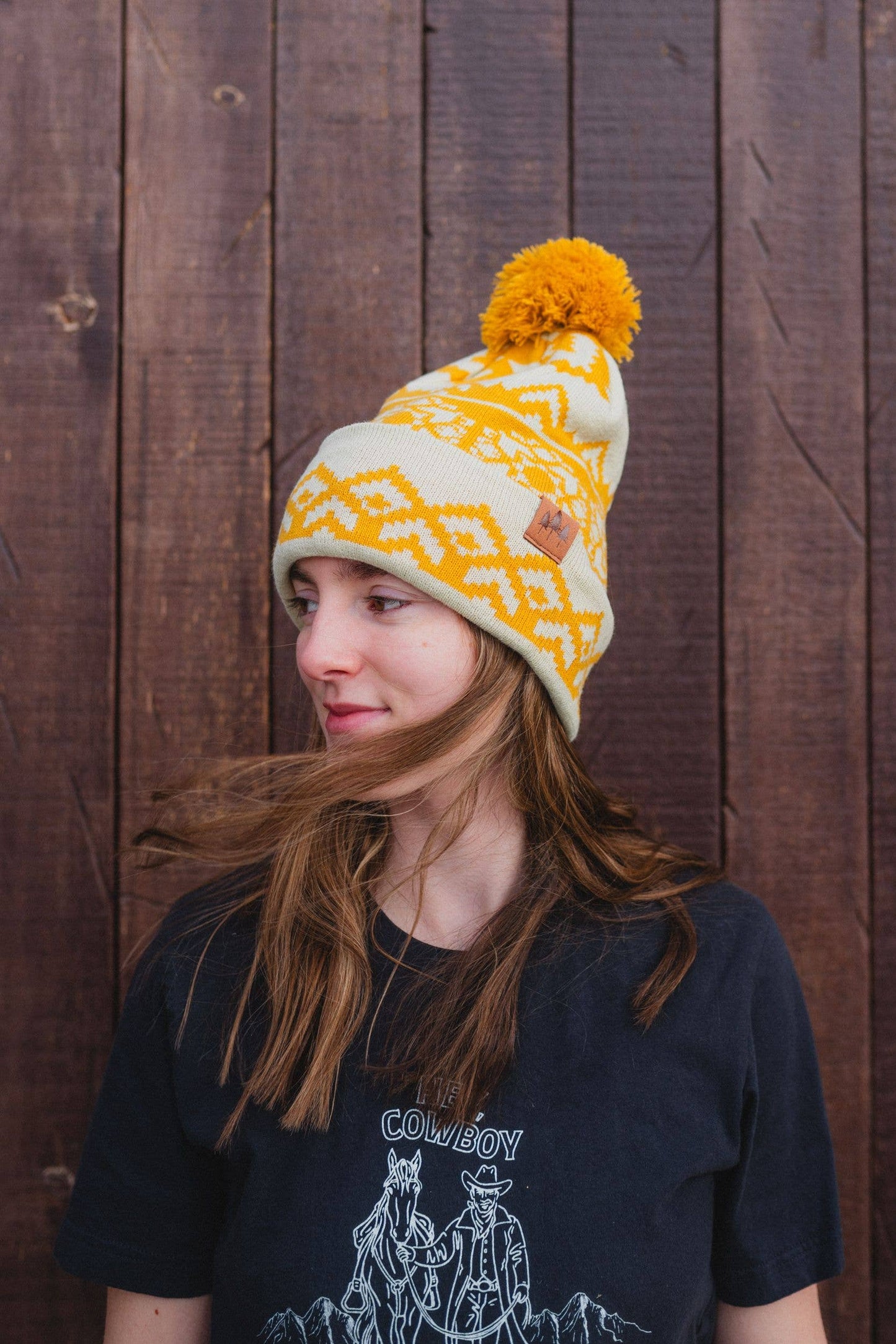 Snowflake Pattern Pom Beanie - Mustard