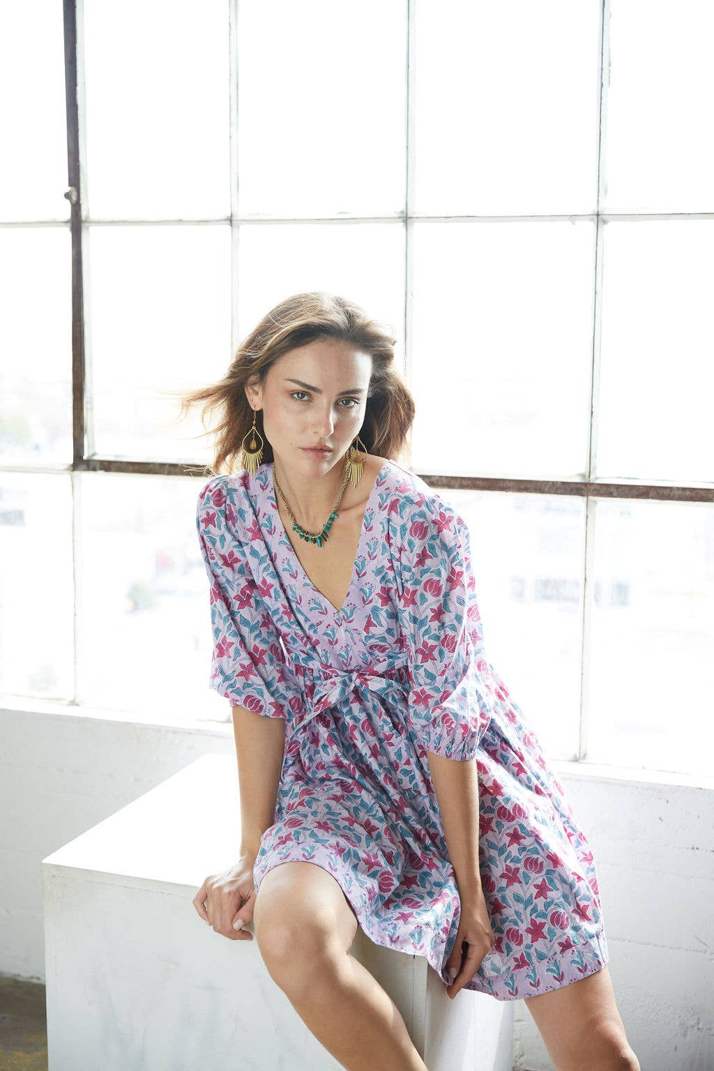 Block Printed Cotton Dress with Tie (Banhi)