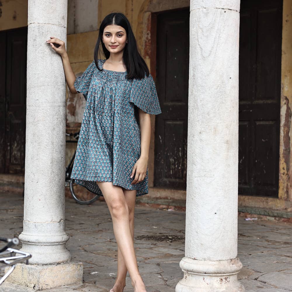 Block Printed Mini Dress (Sanvi dress) - Neptune