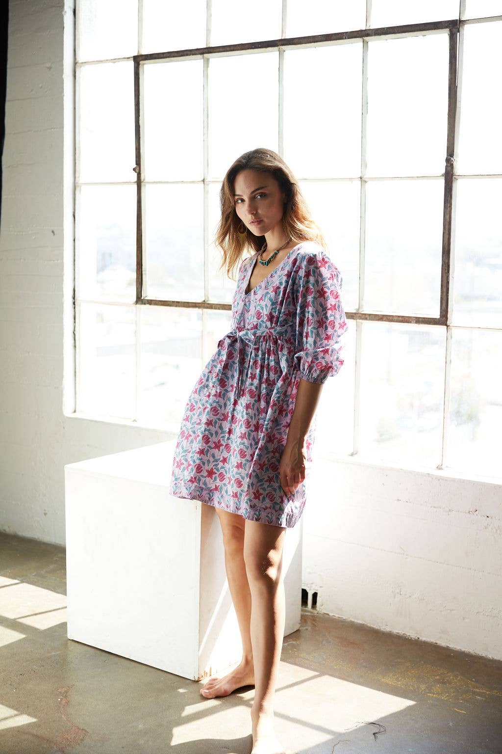 Block Printed Cotton Dress with Tie (Banhi)