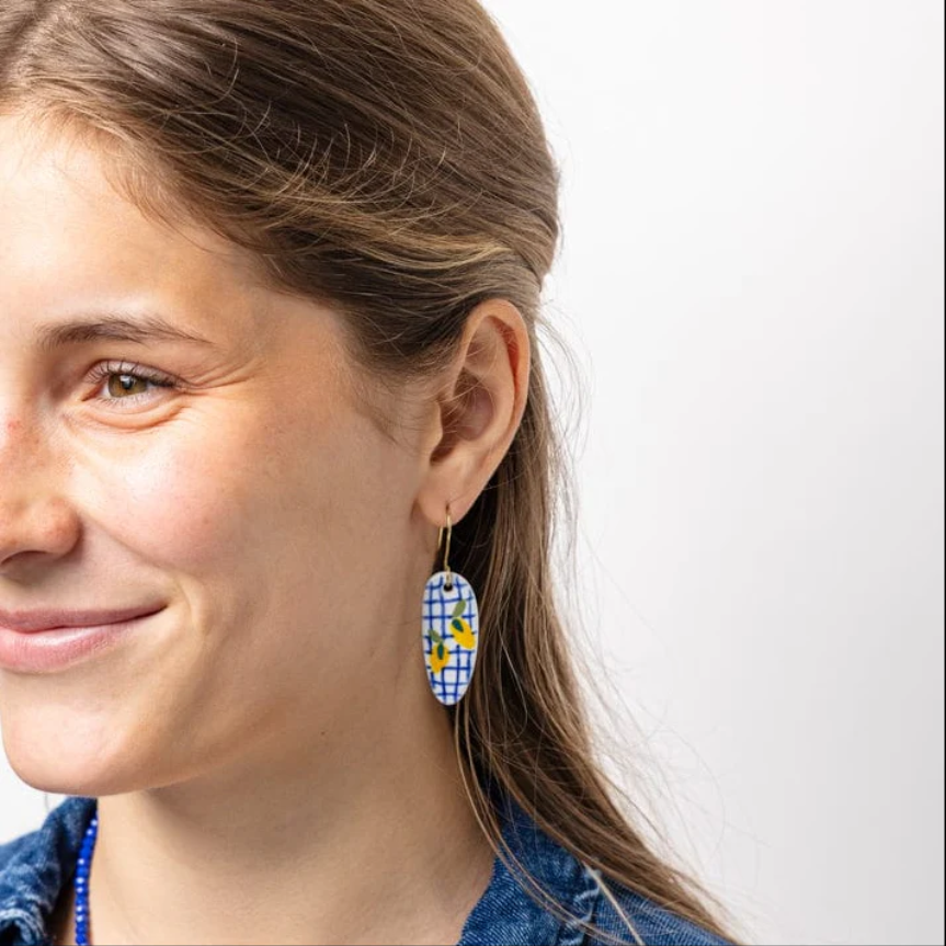 Danielle Oval Ceramic Earring With Lemons & Blue Plaid - Ink + Alloy