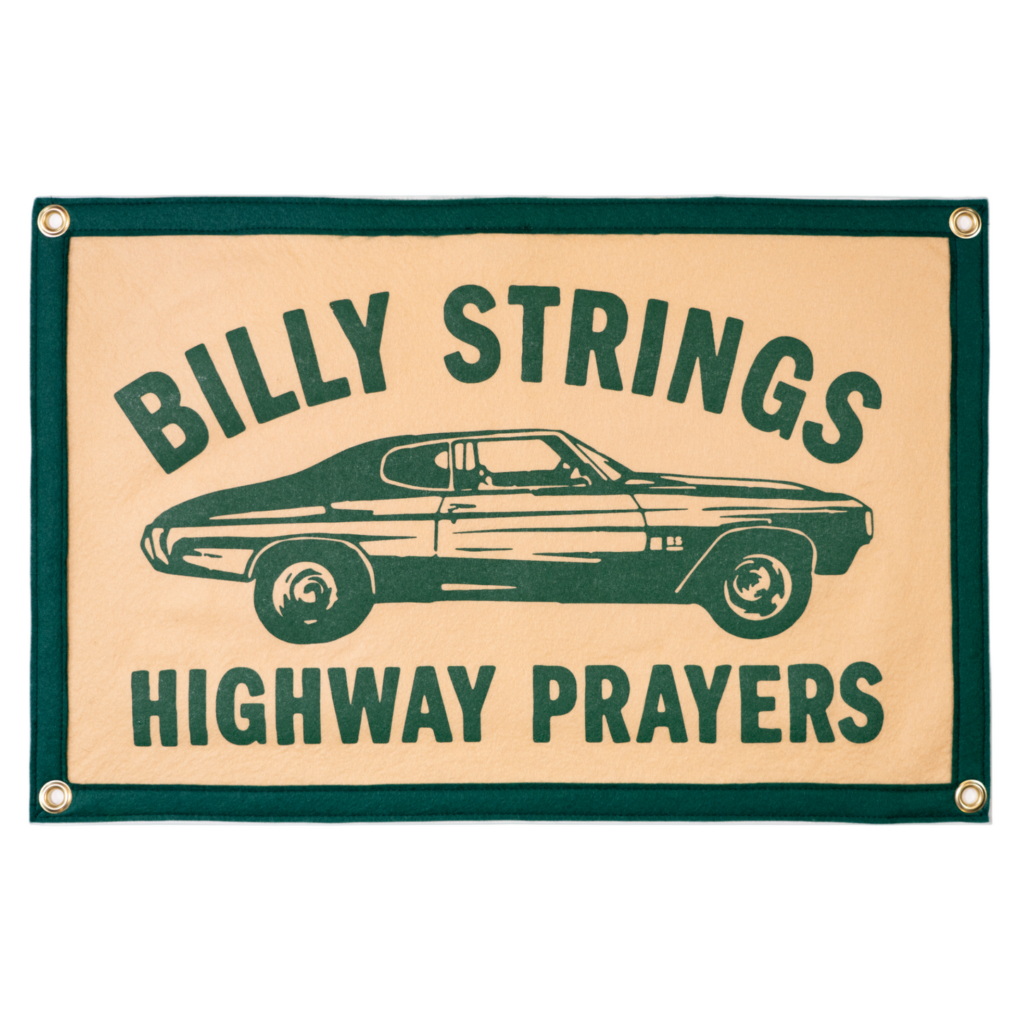 Banner for Billy Strings' 'Highway Prayers' with a car illustration on a beige background.