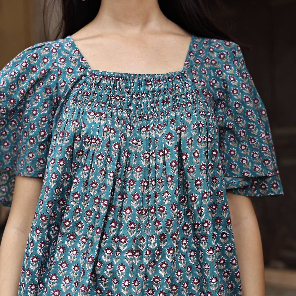 Block Printed Mini Dress (Sanvi dress) - Neptune