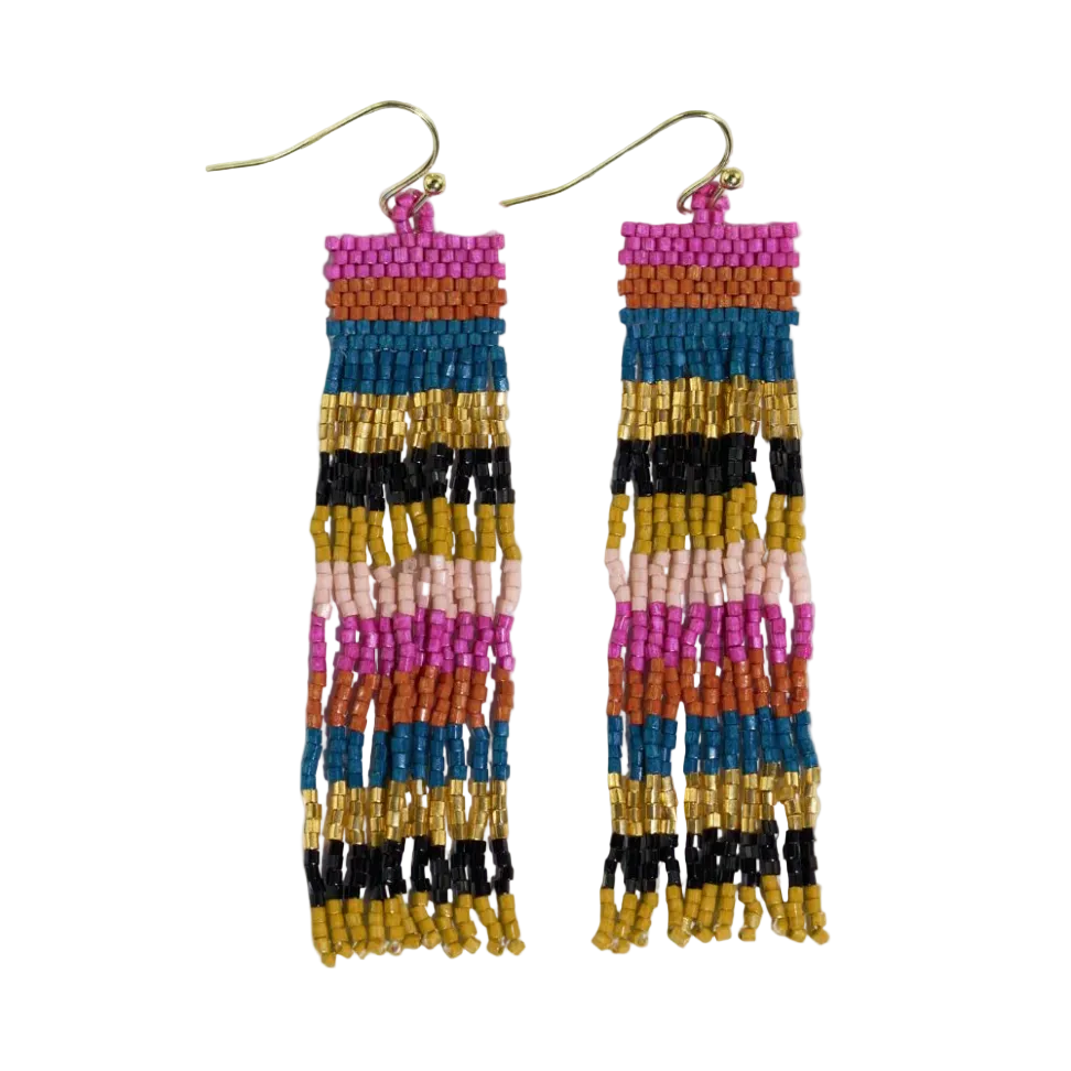Billie Mixed Horizontal Stripes Beaded Fringe Earrings - Jewel Tone - Ink + Alloy