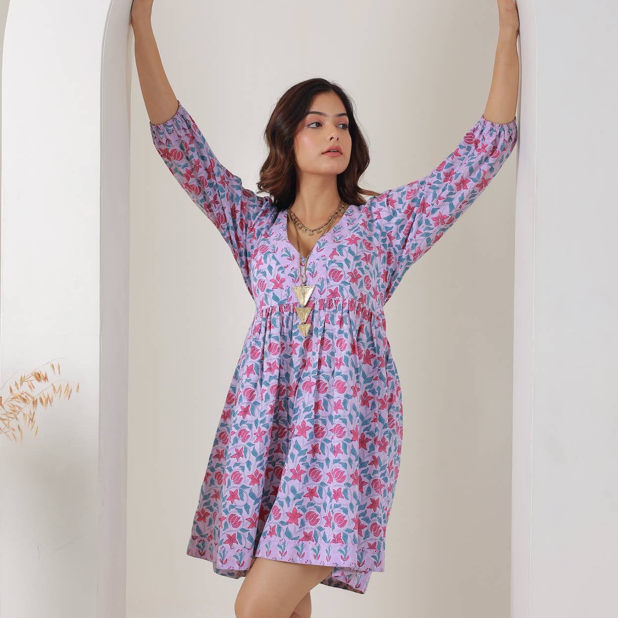 Block Printed Cotton Dress with Tie (Banhi)