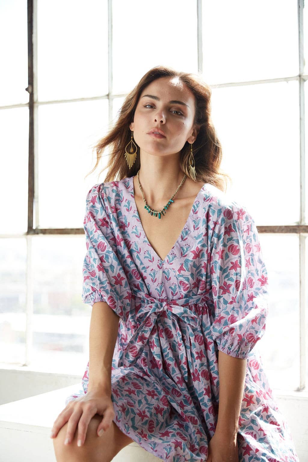 Block Printed Cotton Dress with Tie (Banhi)