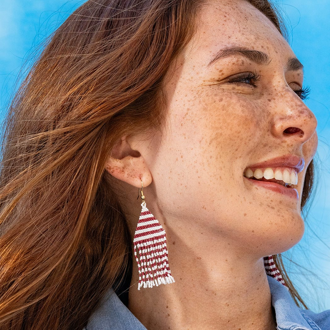 Lexie Game Day Horizontal Stripes Beaded Fringe Earrings Dark Red & White - Ink + Alloy