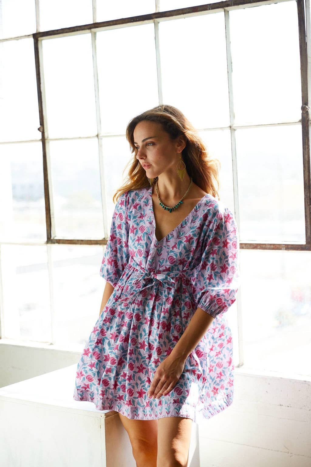 Block Printed Cotton Dress with Tie (Banhi)