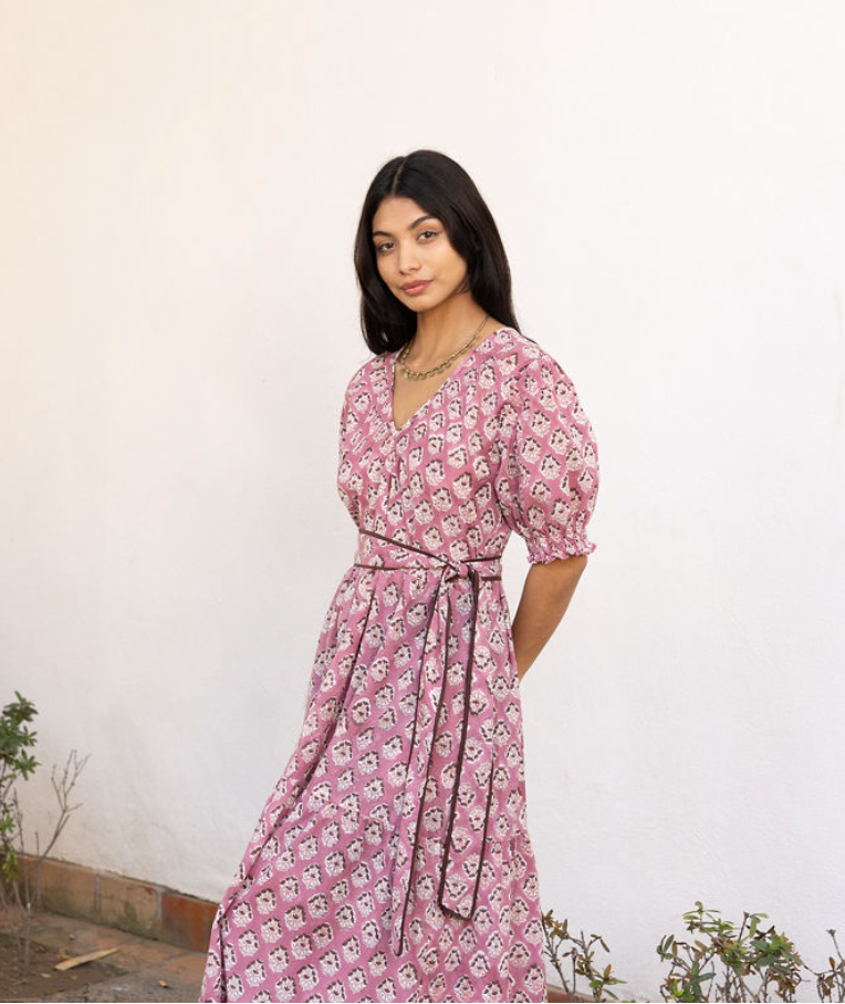 Block Printed Cotton Maxi Dress (Imara dress: Rose)