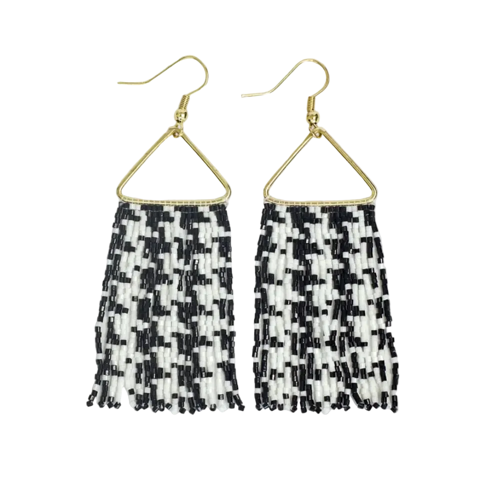 Paige Houndstooth Beaded Fringe Earrings Black and White - Ink + Alloy