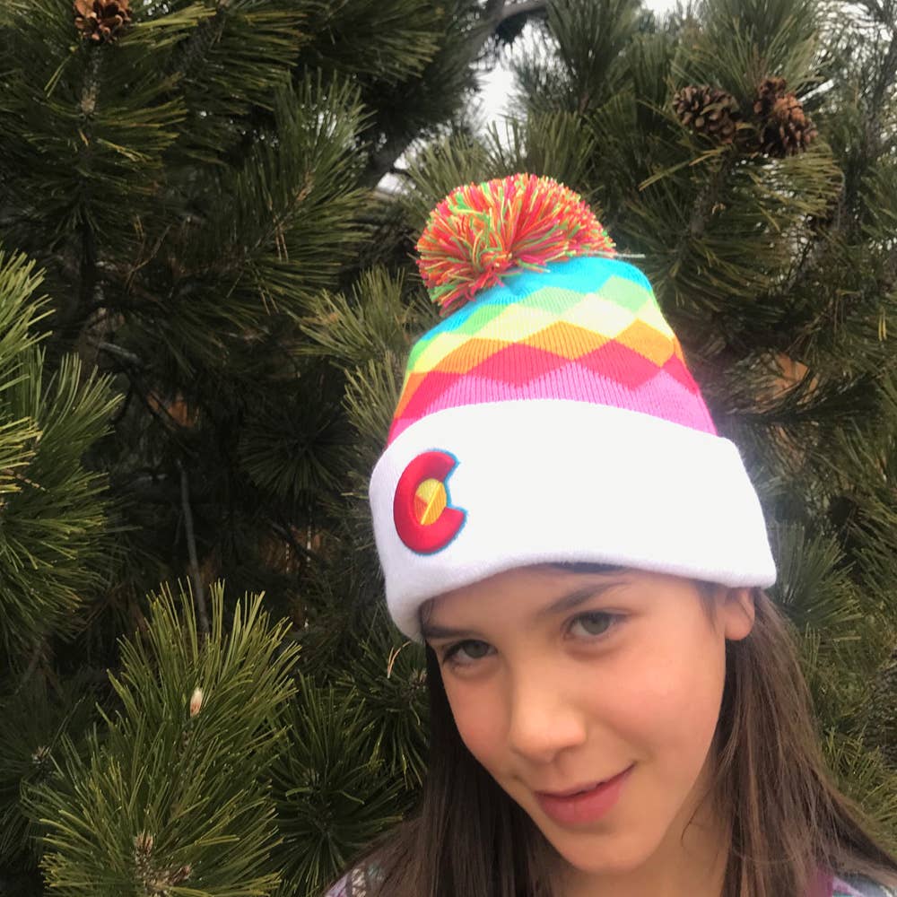 Beanie - Kids' Rainbow White Argyle