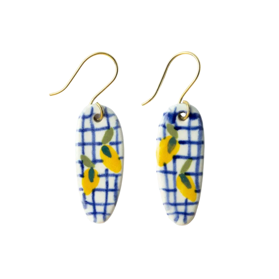 Danielle Oval Ceramic Earring With Lemons & Blue Plaid - Ink + Alloy