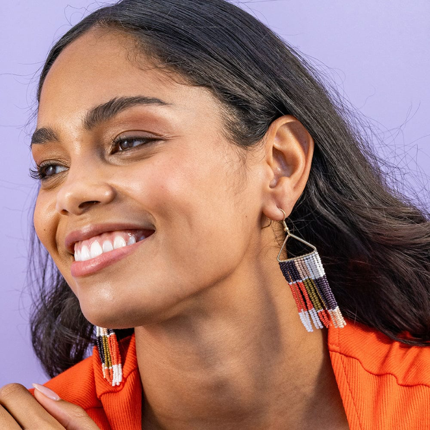 Whitney Patchwork Beaded Fringe Earrings -Jaipur - Ink + Alloy