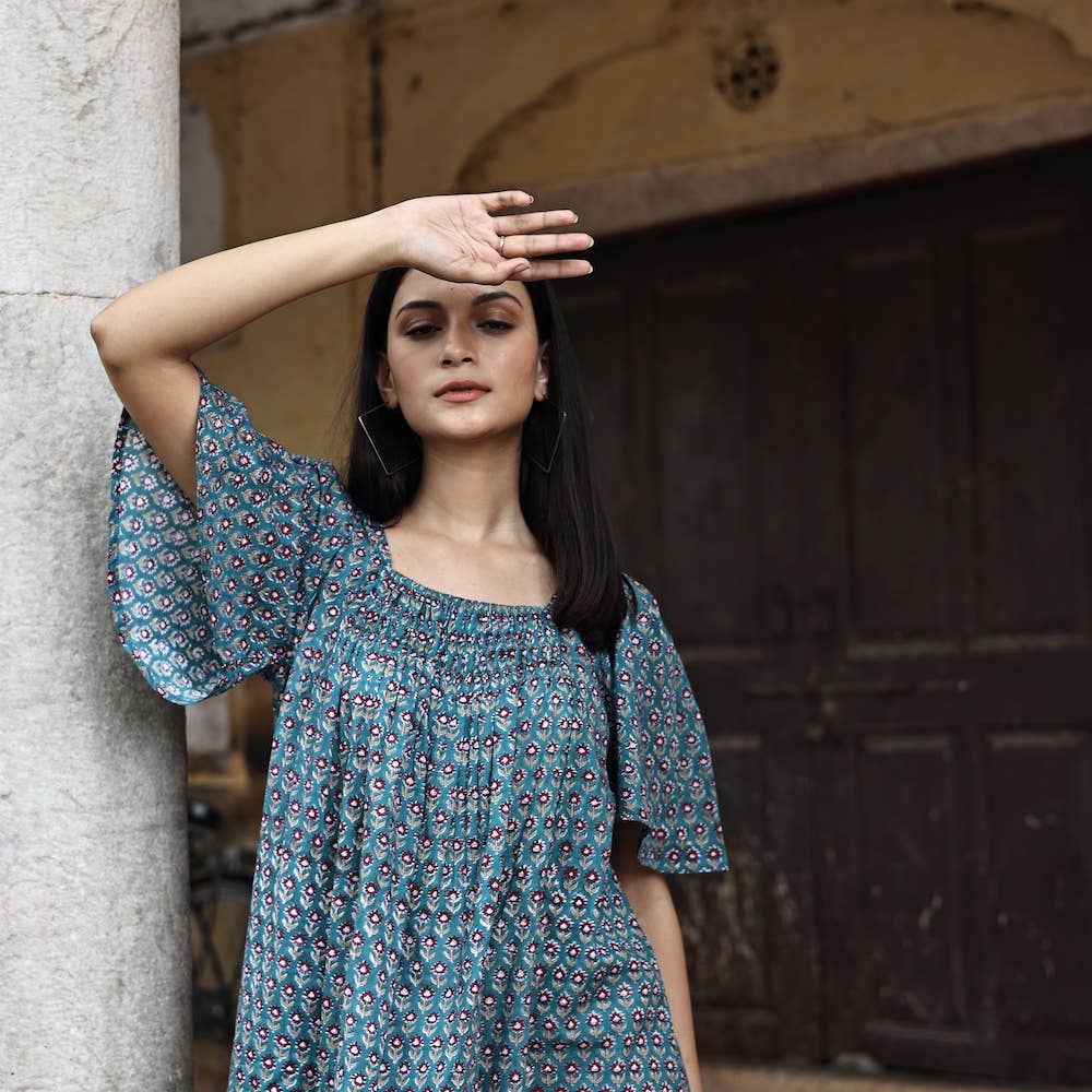 Block Printed Mini Dress (Sanvi dress) - Neptune