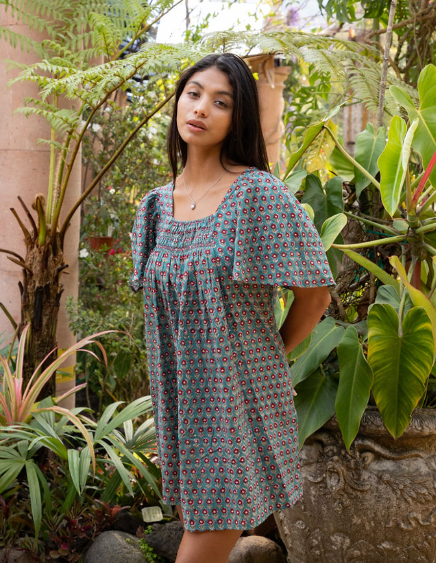 Block Printed Mini Dress (Sanvi dress) - Neptune