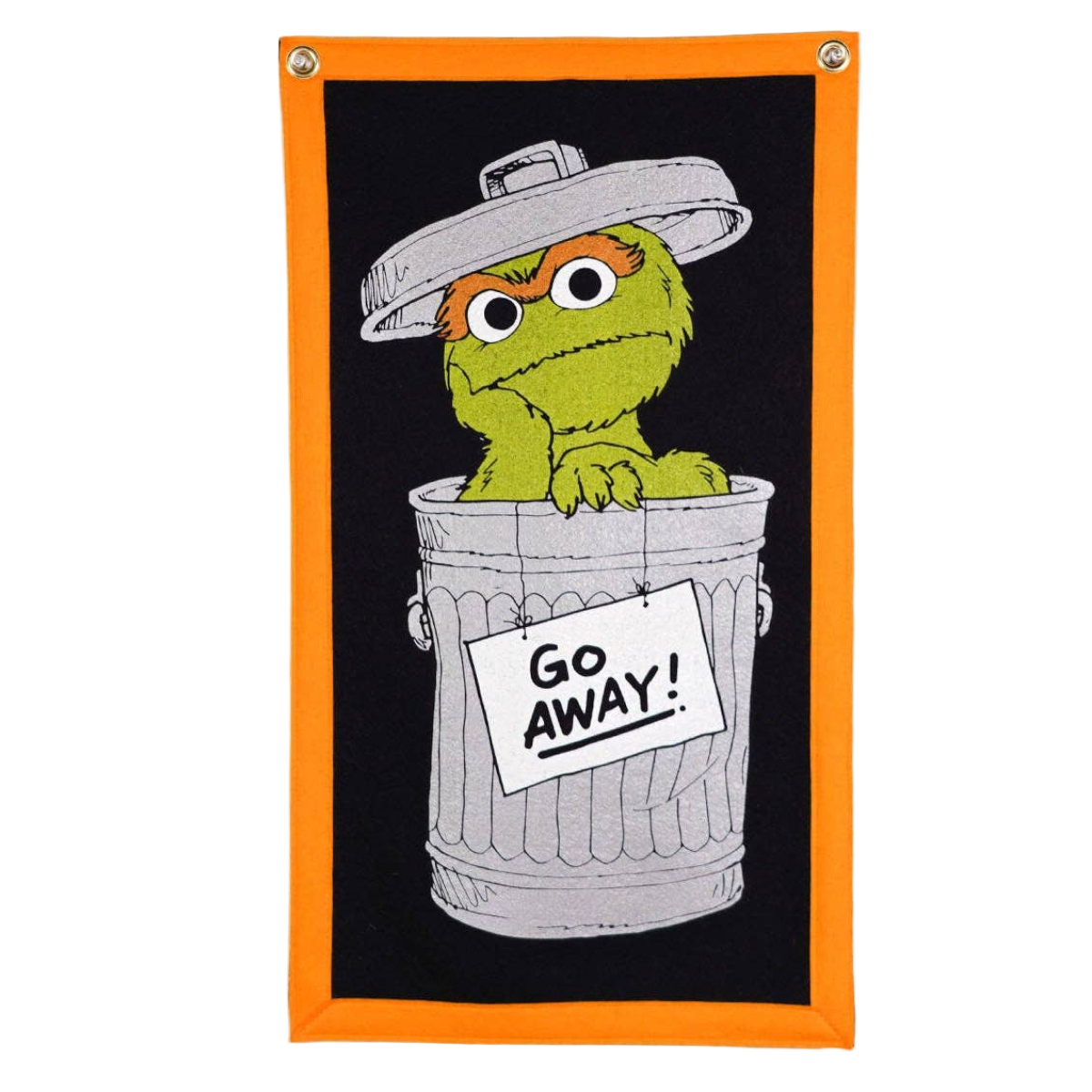 Oscar the grouch in a trash can with 'Go Away!' sign on a black background