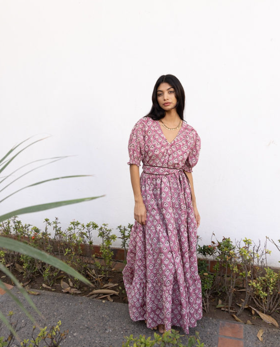 Block Printed Cotton Maxi Dress (Imara dress: Rose)