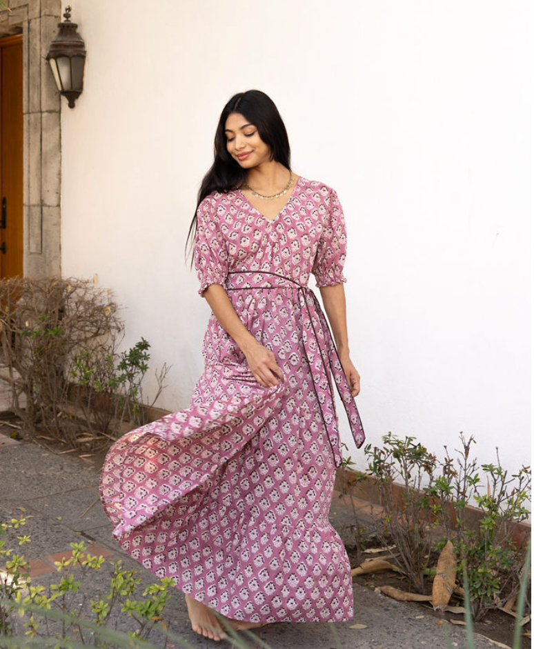 Block Printed Cotton Maxi Dress (Imara dress: Rose)