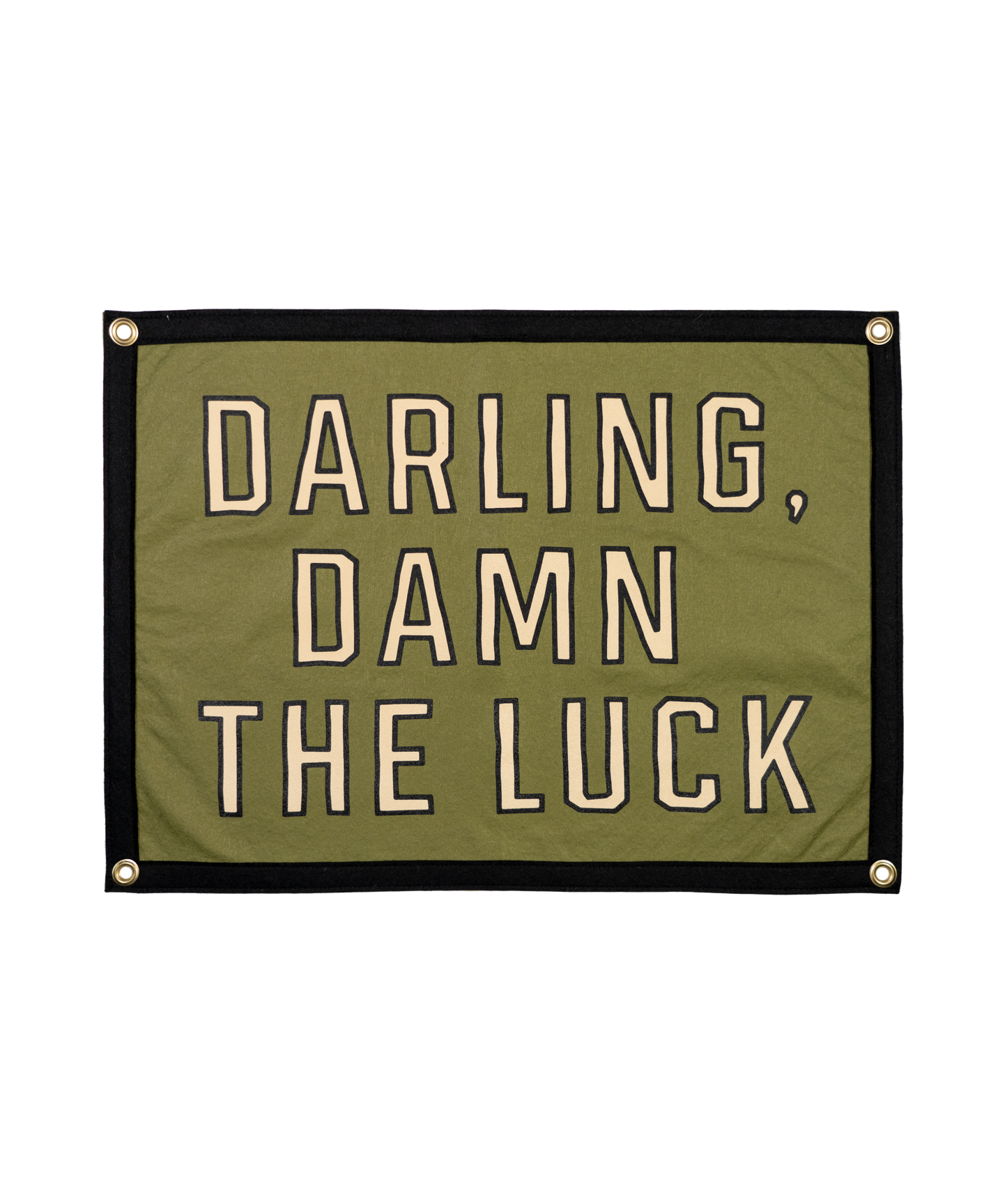Green banner with text 'Darling, damn the luck' on a white background