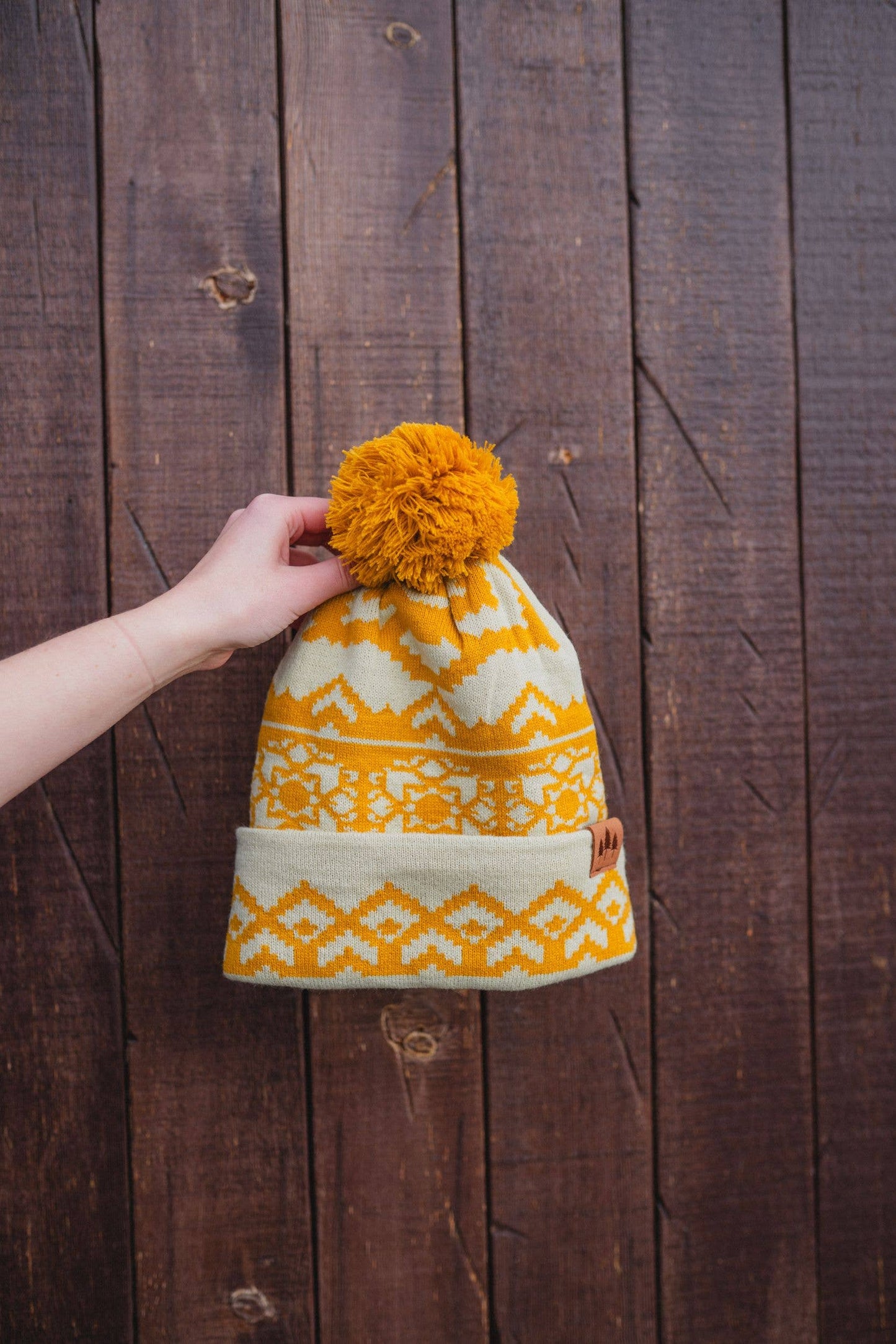 Snowflake Pattern Pom Beanie - Mustard